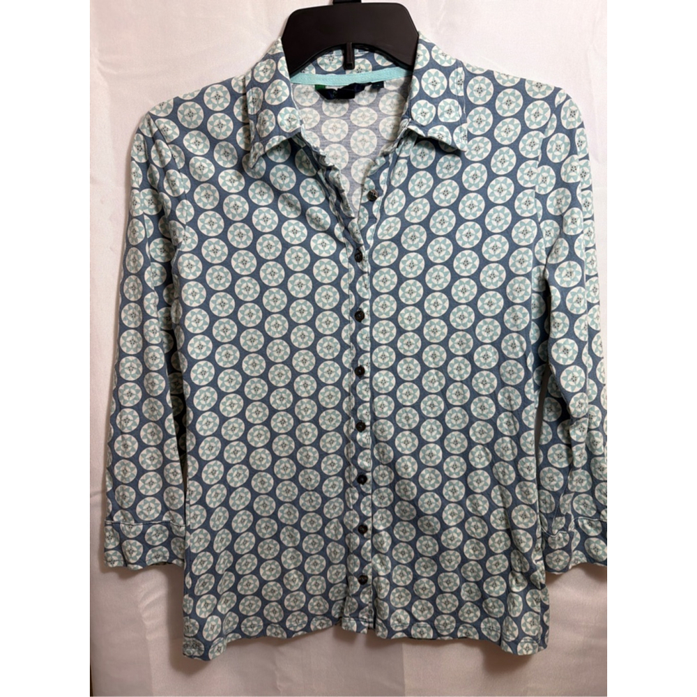 Women's Boden Medallion Patterned Button Down Shirt S 3/4 Sleeve Coastal Resort